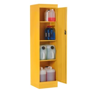 A yellow probe slim hazardous cabinet with the door open and shelves on show.