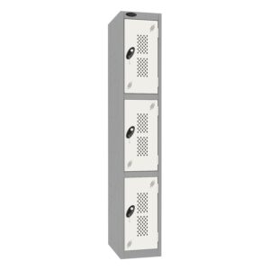 A probe 3 door locker with perforations, a silver frame and white doors on a white background.