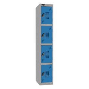 A probe 4 door locker with perforations, a silver frame and blue doors on a white background.