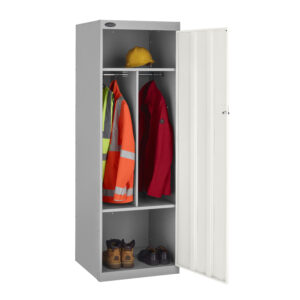 A probe 4 compartment crew locker with the door open and shelves and hanging rail on show on a white background.