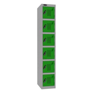 A probe 6 door locker with perforations, a silver frame and green doors on a white background.