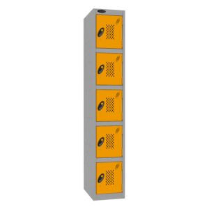 A probe 5 door locker with perforations, a silver frame and yellow doors on a white background.