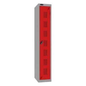 A probe 1 door locker with perforations, a silver frame and a red door on a white background.
