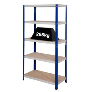 A mdf shelving unit with a blue frame for warehouse and garages on a white background.