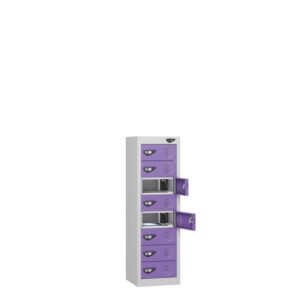 A pure 8 door charging low height locker with a pearl silver frame and orchid violet door on a white background.
