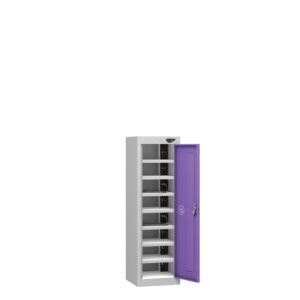 A pure 1 door 8 compartment charging low height locker with a pearl silver frame and orchid violet door on a white background.