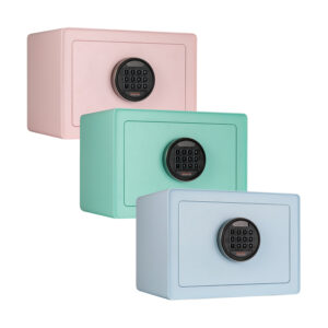 The phoenix dream safe in pink, blue and mint with electronic locks on a white background.