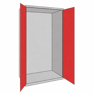 A 2 door red probe empty cupboard on a white background.