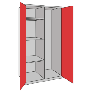 A probe 2 door 3 shelf and empty compartment cupboard with red doors and a silver frame on a white background.