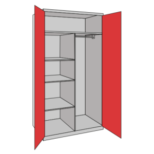A probe 2 door 3 shelf and rail with top shelf cupboard with red doors and a silver frame on a white background.