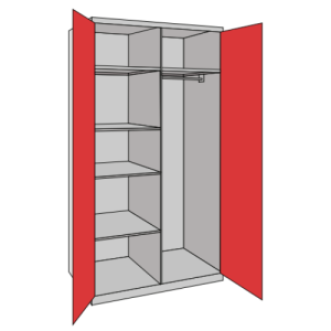 A probe 2 door 4 shelf and rail with 2 top shelves cupboard with red doors and a silver frame on a white background.