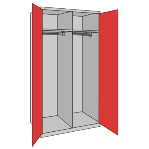 A probe 2 door double rail & 2 top shelves cupboard with red doors and a silver frame on a white background.