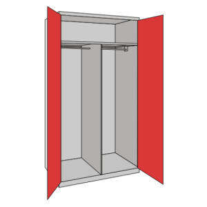 A probe 2 door double rail and top shelf cupboard with red doors and a silver frame on a white background.