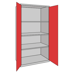 A probe 2 door full width 3 shelf cupboard with red doors and a silver frame on a white background.