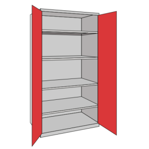 A probe 2 door full width 4 shelf cupboard with red doors and a silver frame on a white background.