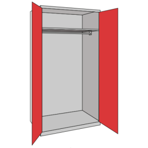 A probe 2 door full width shelf and rail cupboard with red doors and a silver frame on a white background.