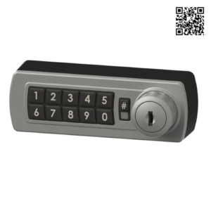 A silver 3700 locker lock with a qr code in the top right hand corner to show it can be used to make money through users.