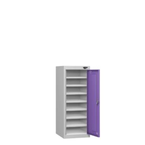 A low height 1 door 8 compartment laptop storage locker on a white background with orchid violet coloured doors and a pearl silver frame with the door open.
