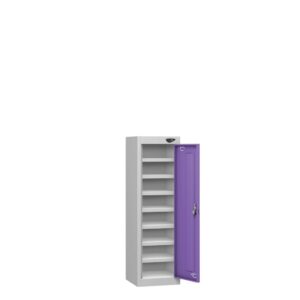 A low height 1 door 8 compartment tablet storage locker on a white background with orchid violet coloured doors and a pearl silver frame with the door open.