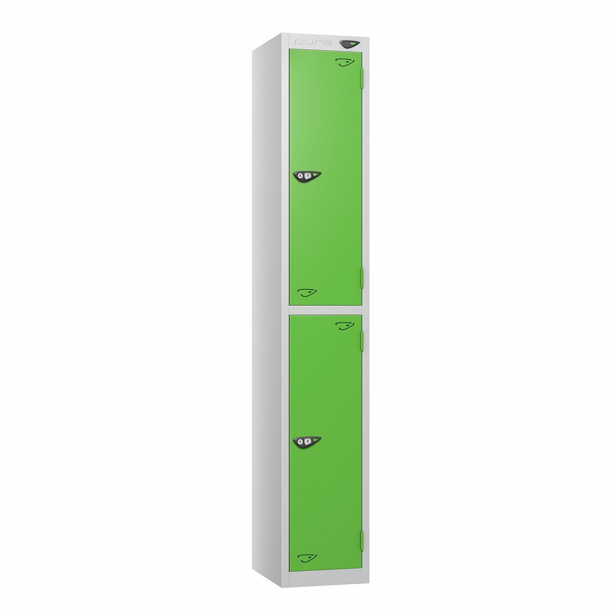 A pure prime 2 door steel locker with pearl silver frames and forest green doors on a white background.