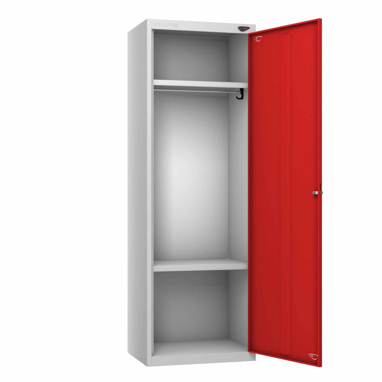 A pure hi-capacity locker with door open in flame red on a white background.