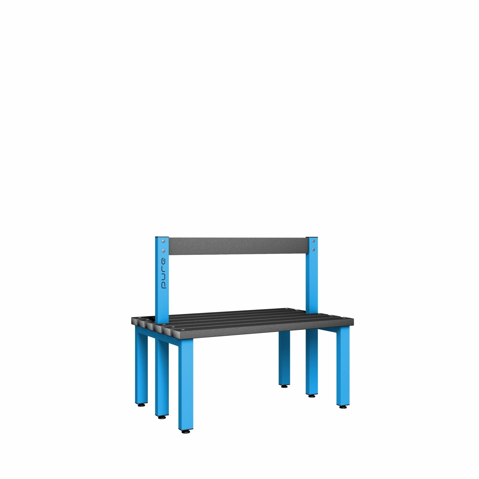 A pure cloakroom double sided low bench seat in black polymer with cornflower blue legs on a white background.