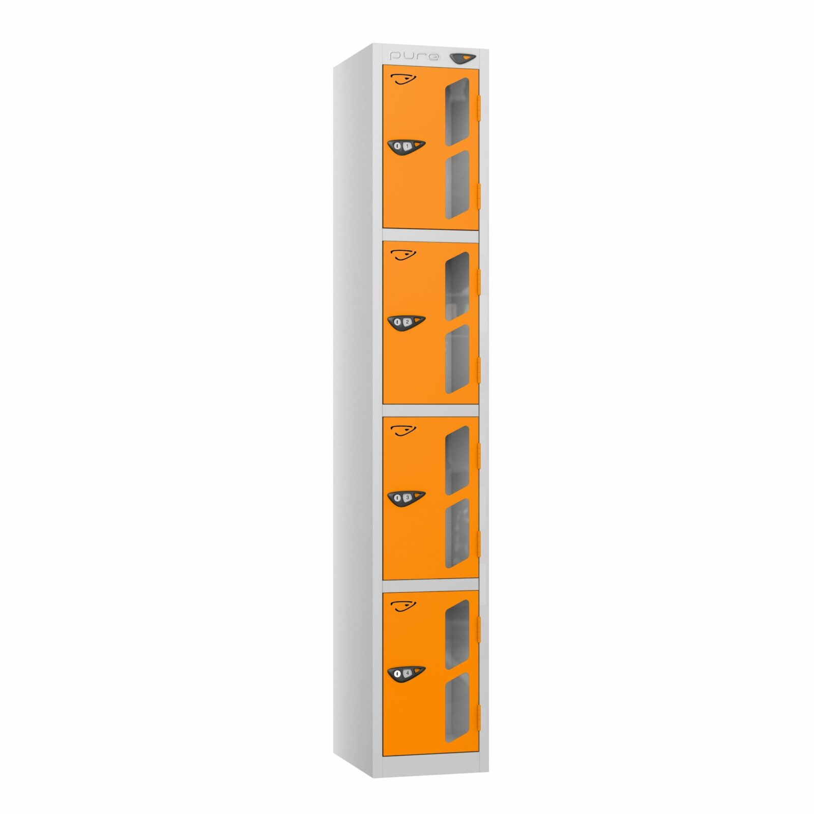 A pure anti stock theft 4 door locker with a pearl silver frame and magma doors as well as vision panels.