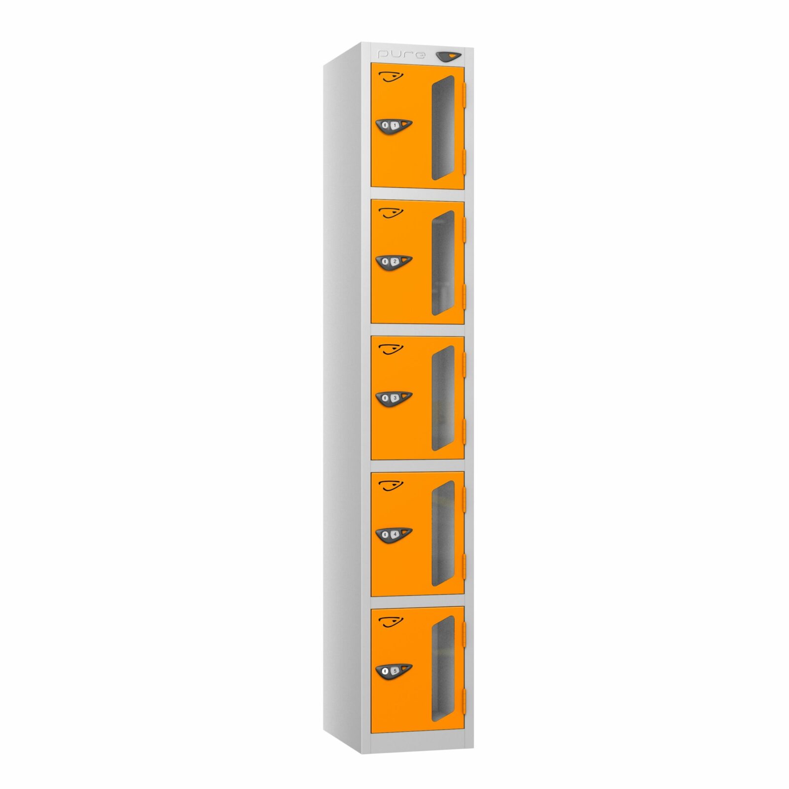 A pure anti stock theft 5 door locker with a pearl silver frame and magma doors as well as vision panels.