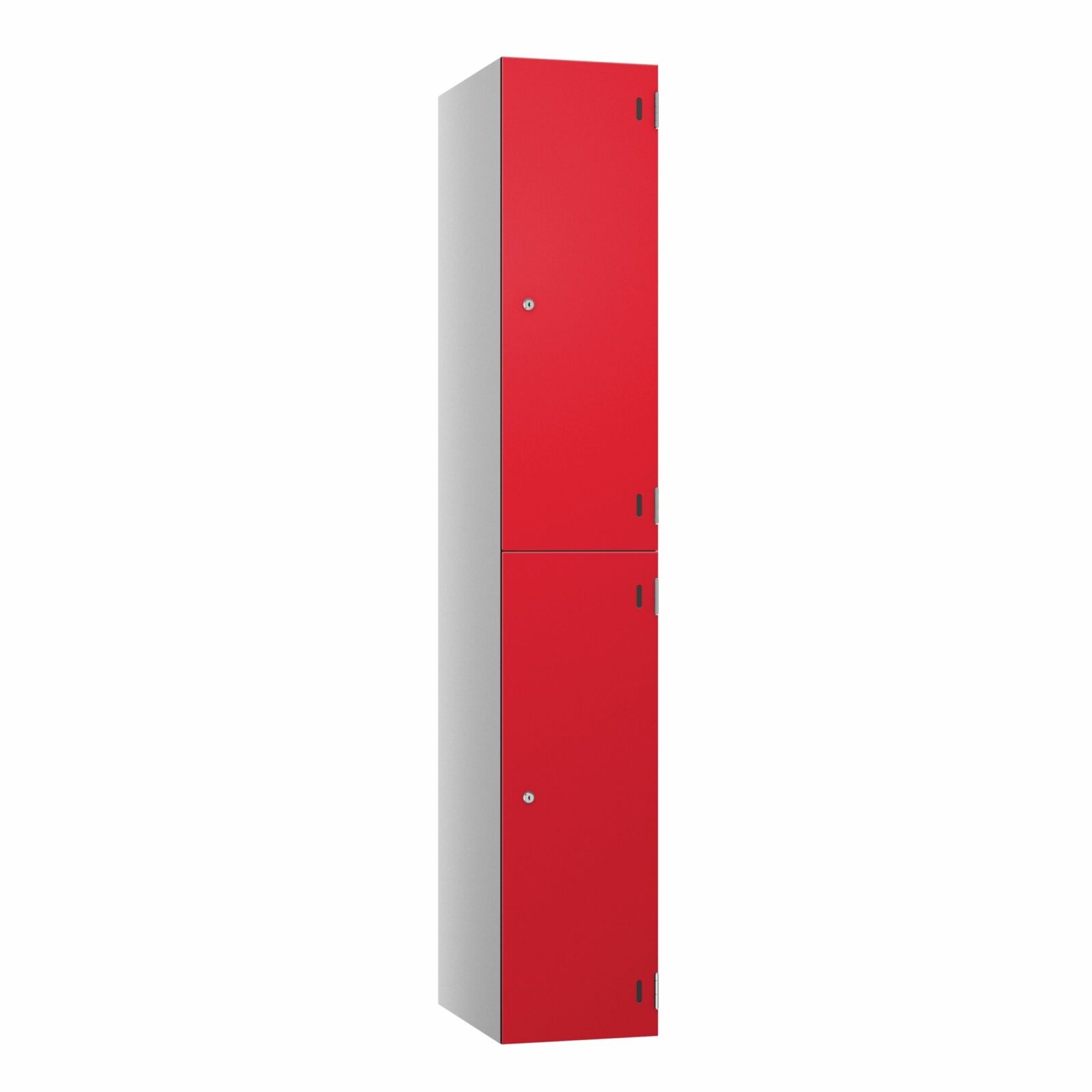 A pure laminate 2 door locker with a red dynasty door and a pearl silver frame on a white background.