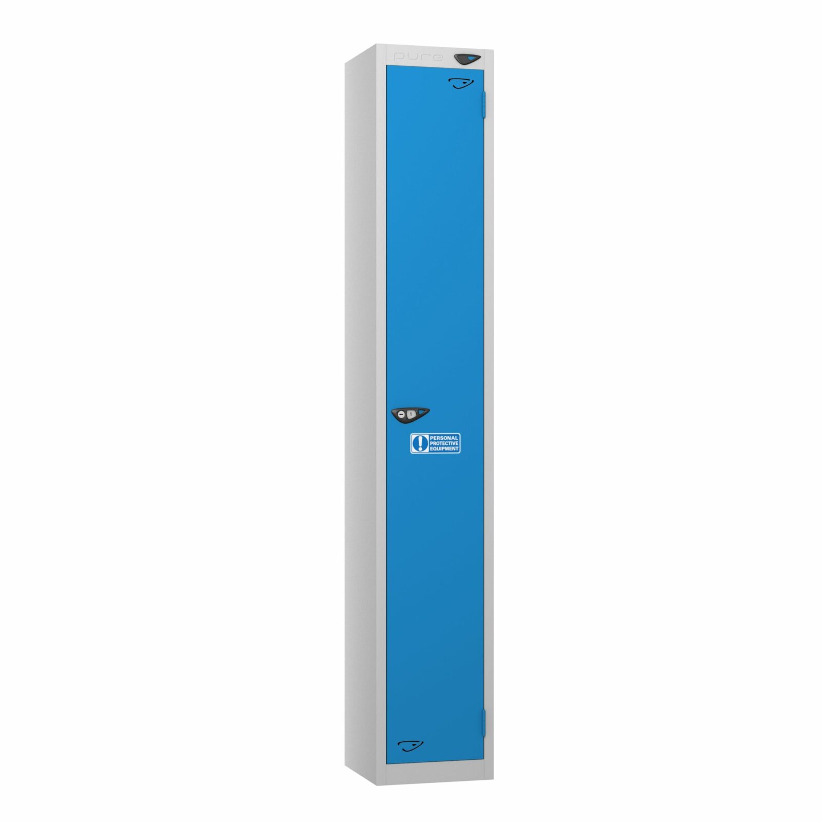 A pure 1 door ppe locker in cobolt blue and a pearl silver frame with cam locks and a sticker on a white background.