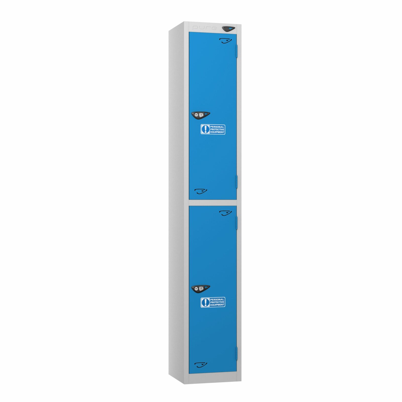 A pure 2 door ppe locker in cobolt blue and a pearl silver frame with cam locks and stickers on a white background.