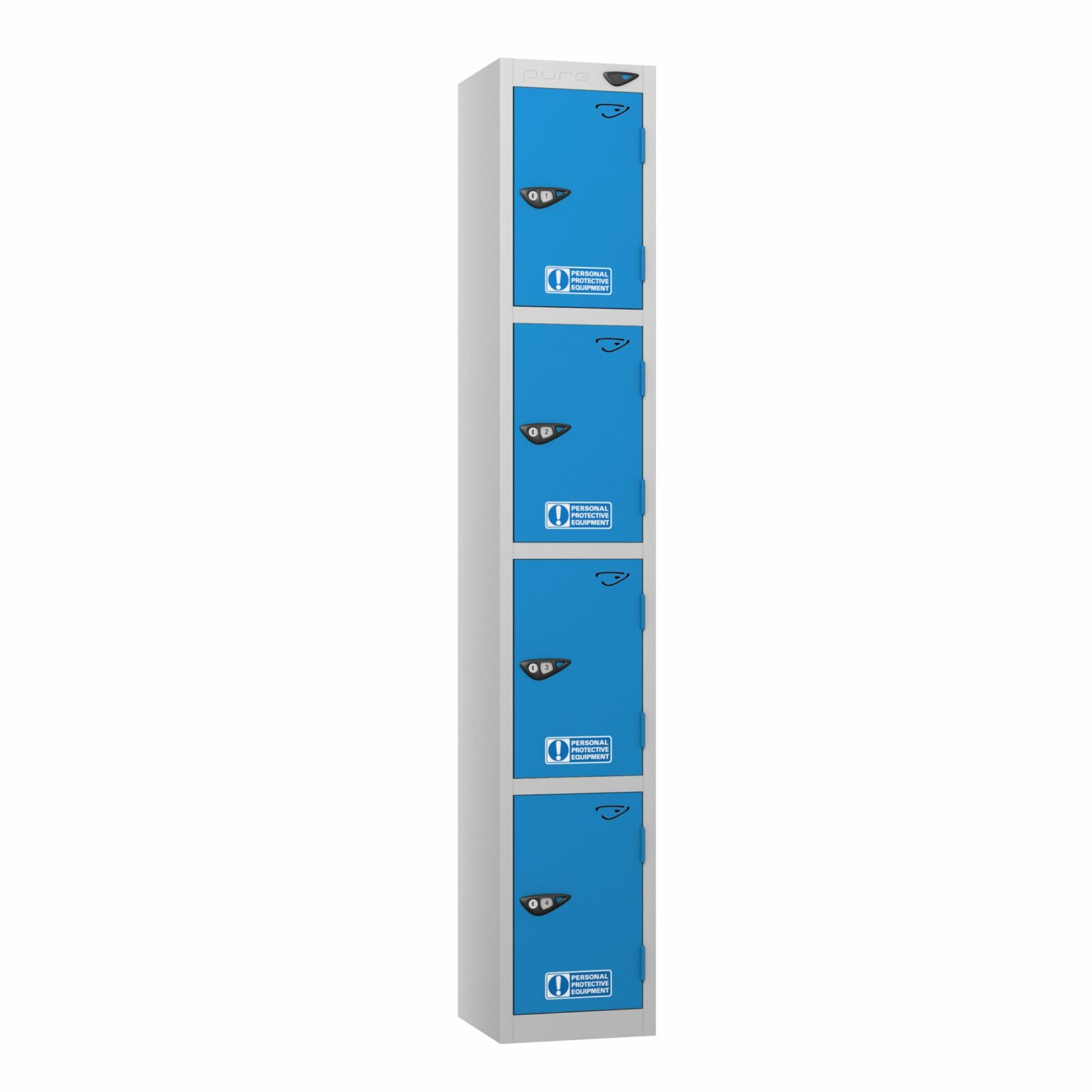 A pure 4 door ppe locker in cobolt blue and a pearl silver frame with cam locks and stickers on a white background.