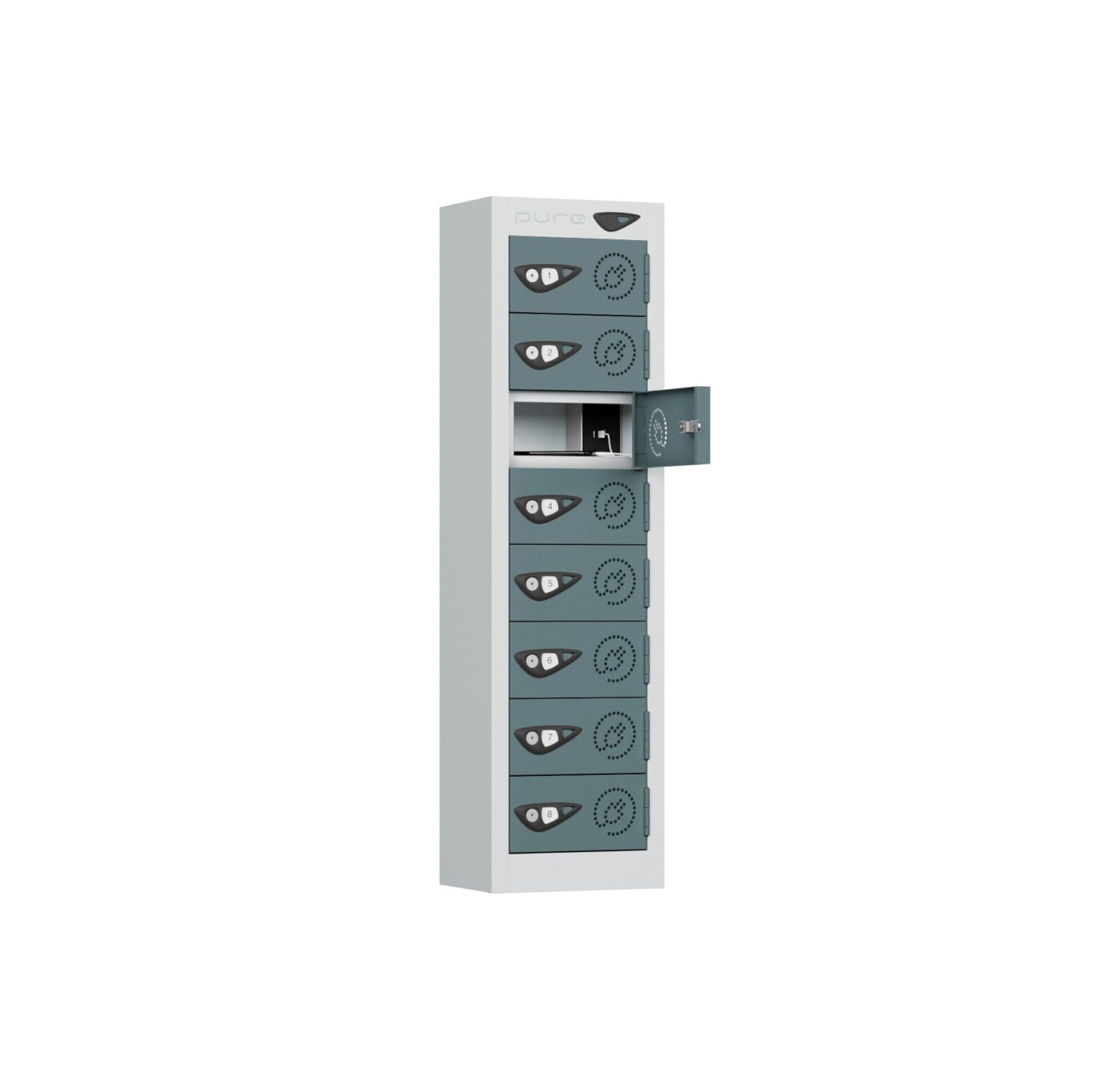 A pure power mini 8 door mobile phone charging locker with slate grey doors and a pearl silver frame.