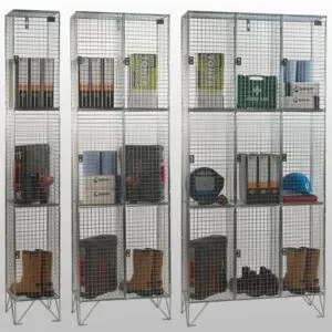 The fast delivery 3 door wire mesh lockers with doors in nest of 1, nest of 2, and nest of 3 with clothing hung inside each compartment on a white background.