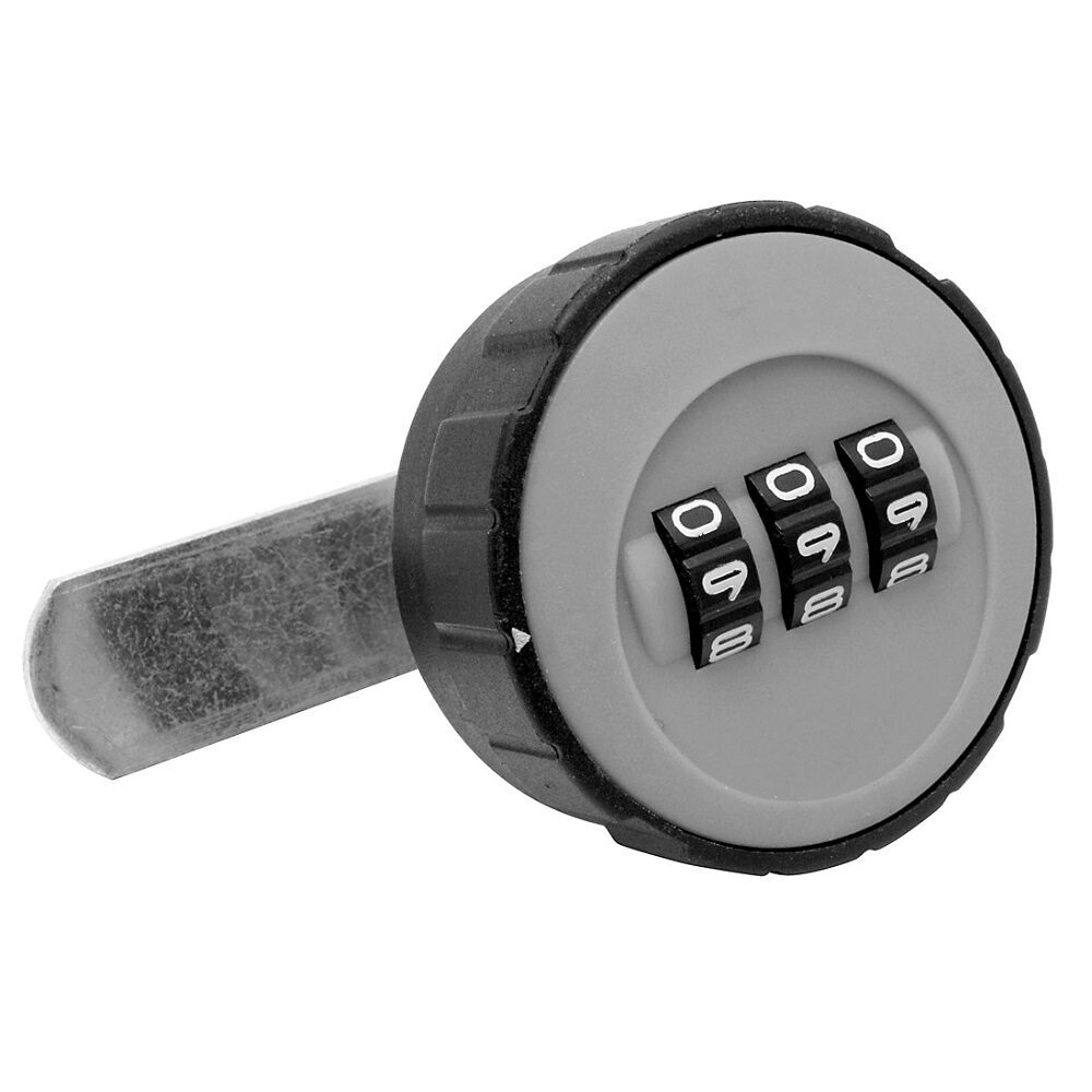 A grey lock with a black body and 3 black dials and a silver cam locking bar on a white background.