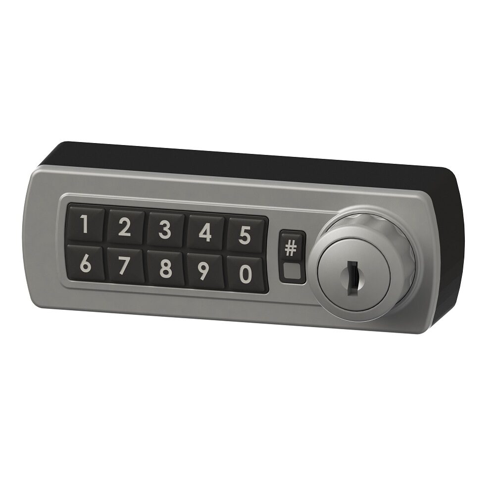 A black and silver gemini electronic 3700 locker lock with keypad numbers on a white background.
