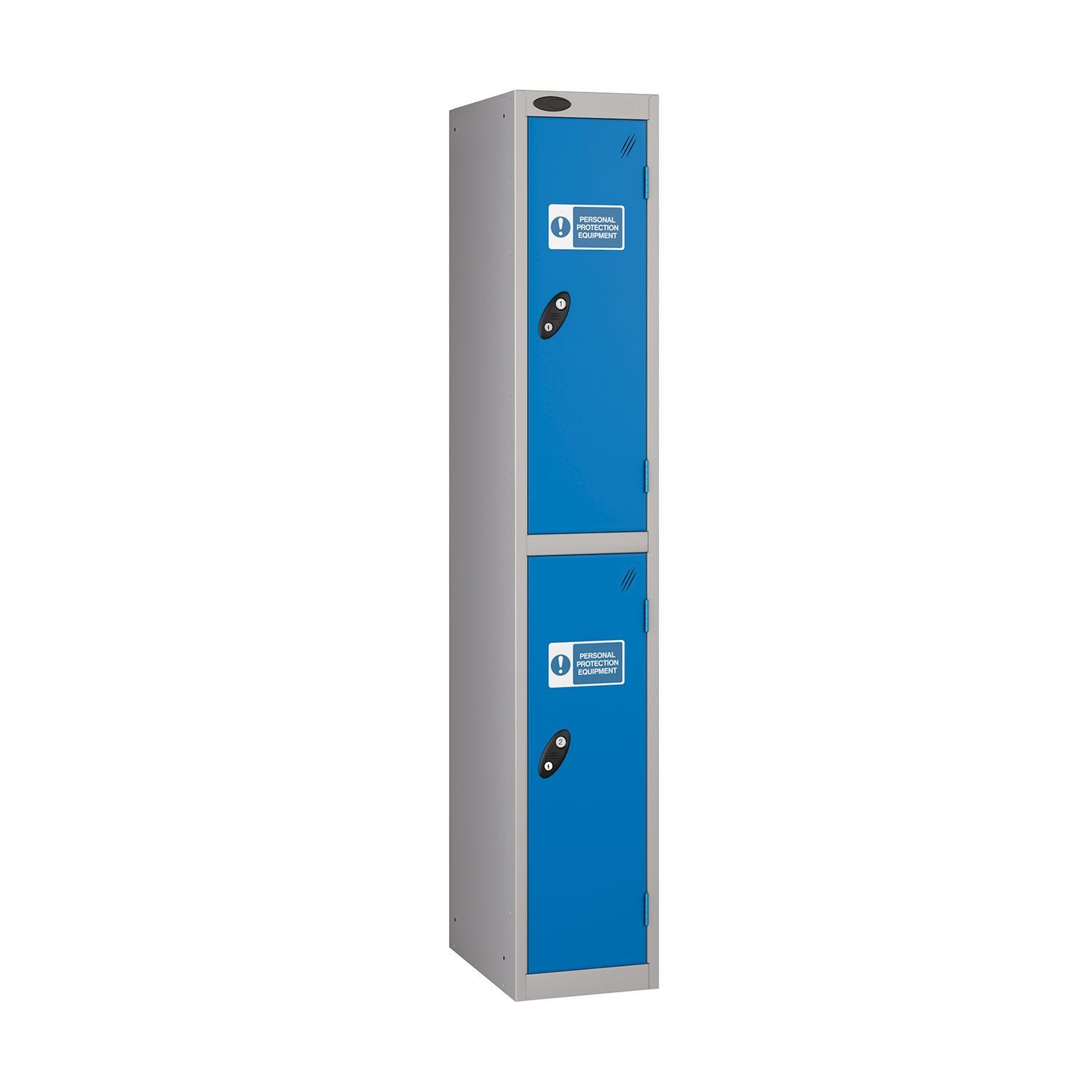 A blue 2 door ppe locker with a sticker on each door and a silver frame on a white background.