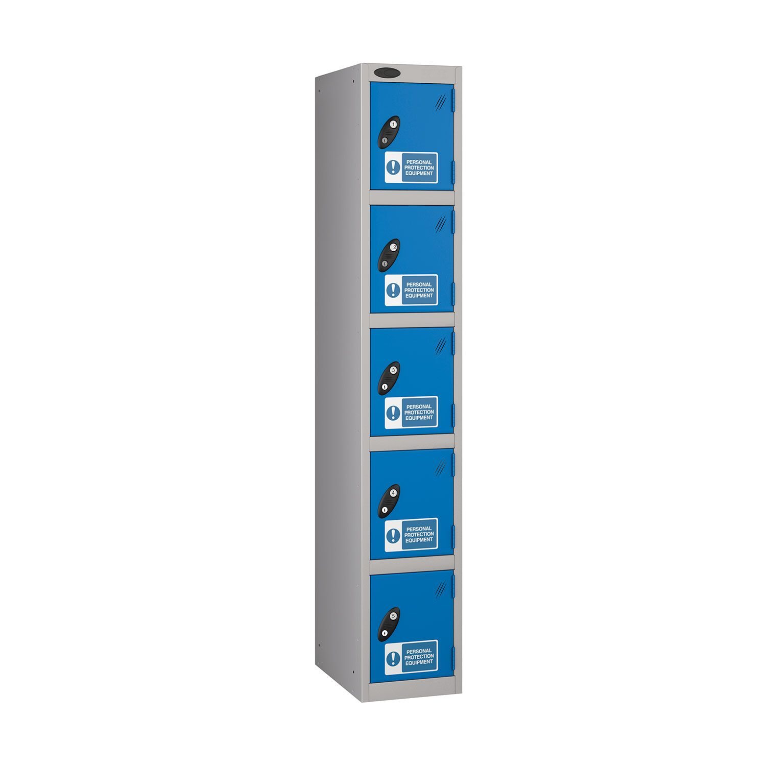 A probe 5 door locker with ppe stickers, blue doors and silver frames on a white background.