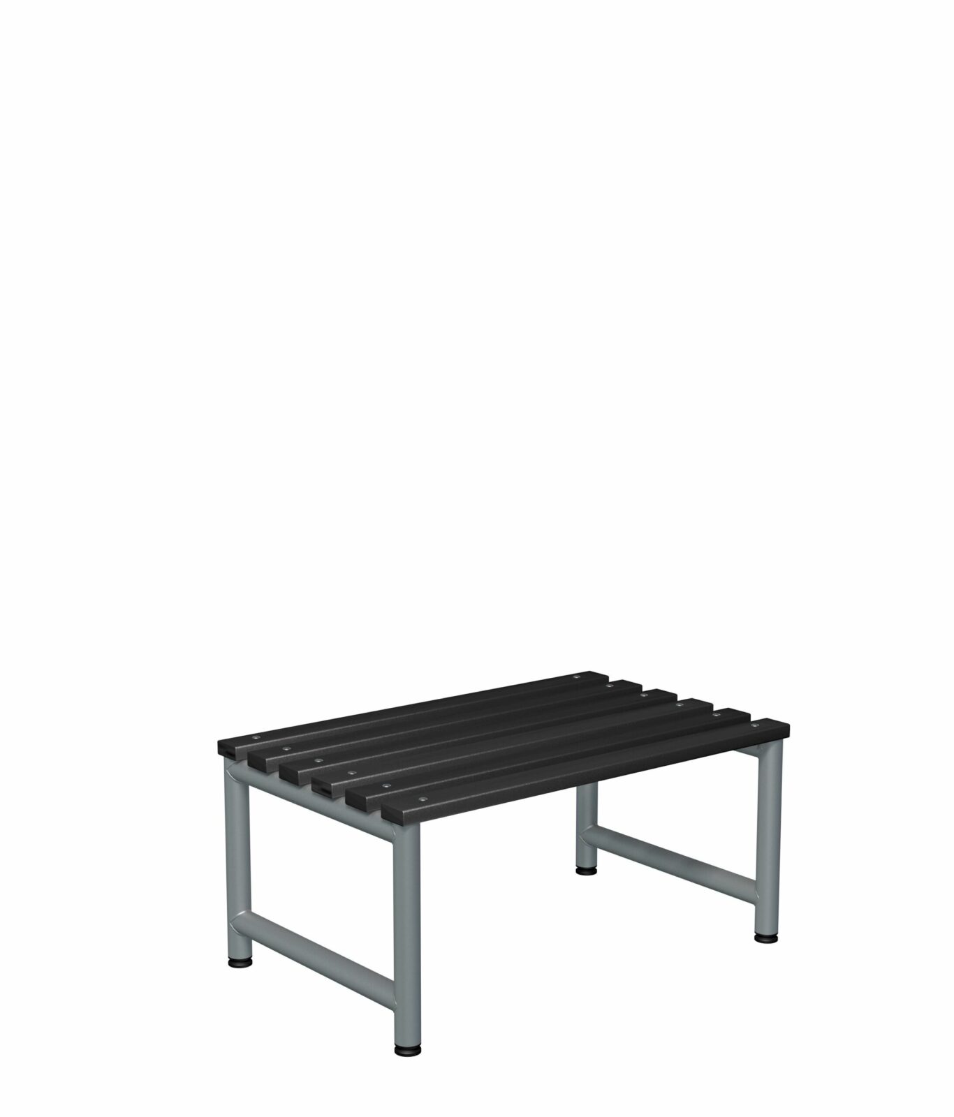 A probe double sided bench in black polymer with silver legs on a white background.