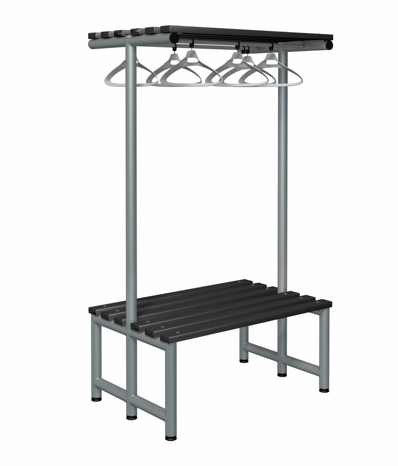 A probe double sided overhead hanging bench in black polymer with silver legs on a white background.