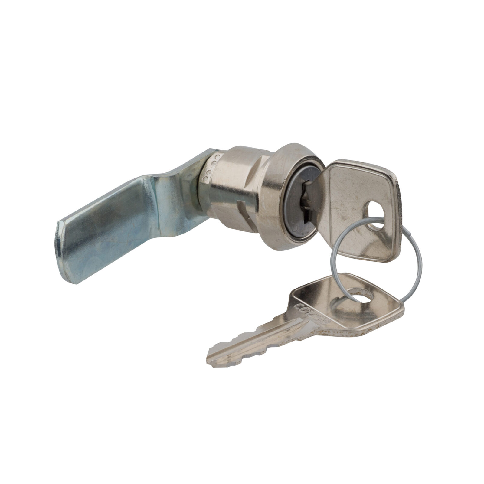 A metal link cc series cam lock with a flat cam bar and 2 keys on a white background.