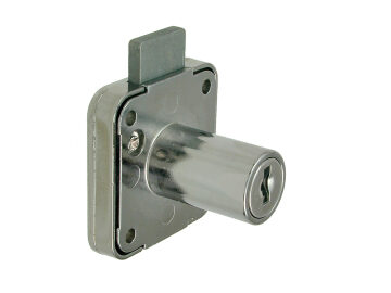 A metal rim lock with the latch on show and clear fixing holes and a locker key hole.