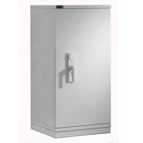A securikey 1022 S1 fire cabinet in silver with a handle on the left on a white background.