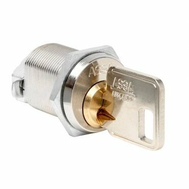 A chrome and brass assa 8450 locker lock with a key in the hole on a white background.