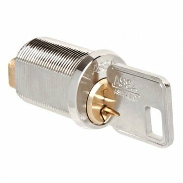 A chrome and brass assa 10450 locker lock with a key in the hole on a white background.