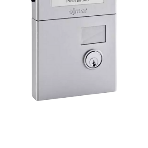 A silver ojmar cash box for coin locks with a key override slot on a white background.