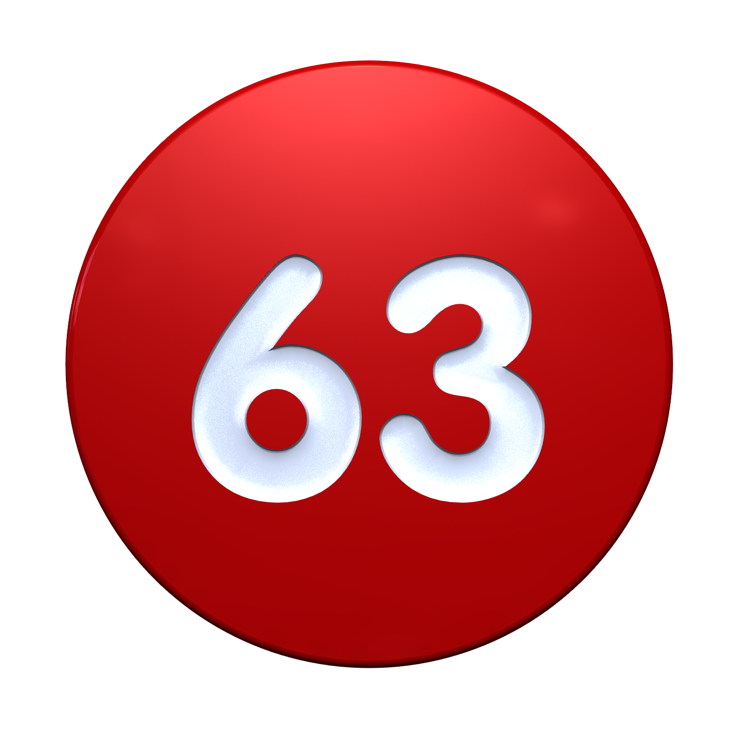 A red circular plastic self adhesive locker number with the number 63 in white text.