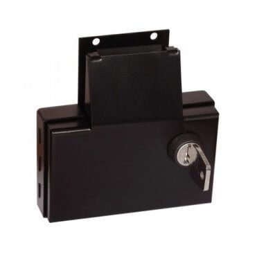 A black lowe and fletcher cash box for coin locks with a key opening slot on a white background.