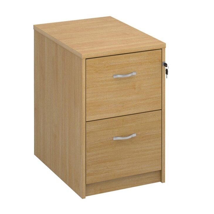 A wooden 2 drawer filing cabinet with silver handles and a standard cam lock on a white background.