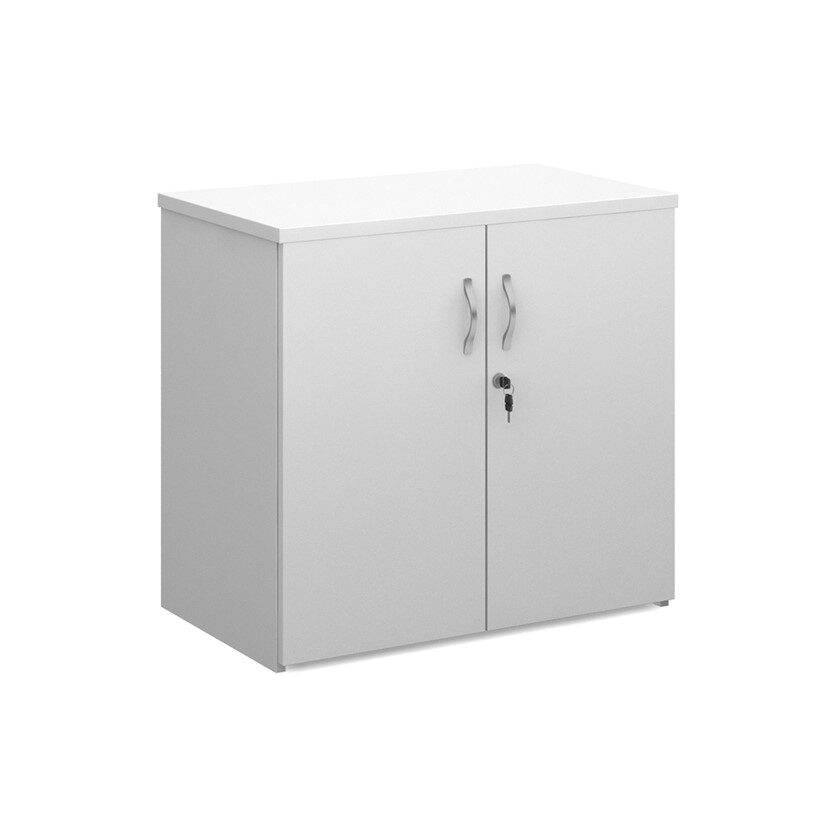 A white wooden 740mm high cupboard with 2 silver handles and a locker cam lock on a white background.